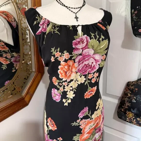 VTG Y2K Jones New York Sport Black & Multicolor Floral Silk Keyhole Maxi Dress - Picture 2 of 8